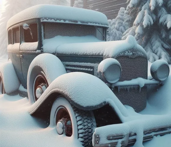 Old car with snow on it